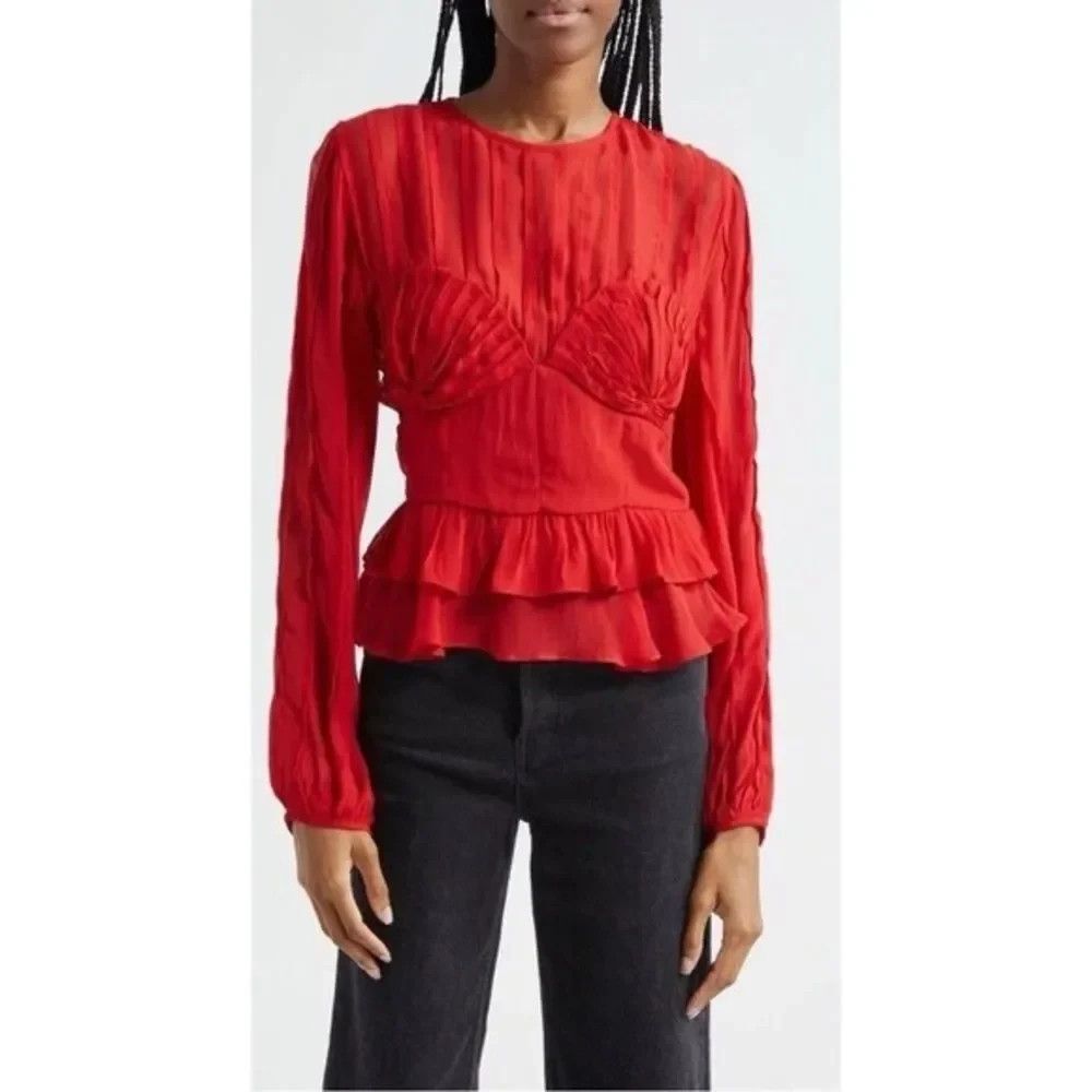 FARM Rio Red Pleated Shell Blouse Long Balloon Sleeve Ruffle Top 337001 NWT M